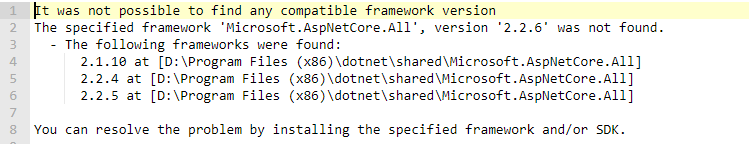 Das Bild zeigt einen Protokollauszug mit dem Hinweis, dass auf Azure die aktuelle ASP.NET Core Version 2.2.6 nicht zur Verfügung steht und ein Downgrade notwendig ist.