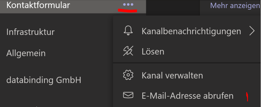 Die Abbildung zeigt einen Ausschnitt aus Microsoft Teams, um einen neuen Kanal "Kontaktformular" mit einer Email-Adresse abzurufen.