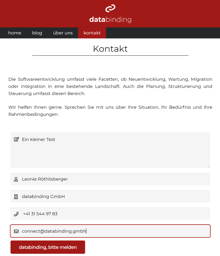 Die Abbildung zeigt das Kontaktformular auf der Webseite von databinding GmbH ausgefüllt als Test.